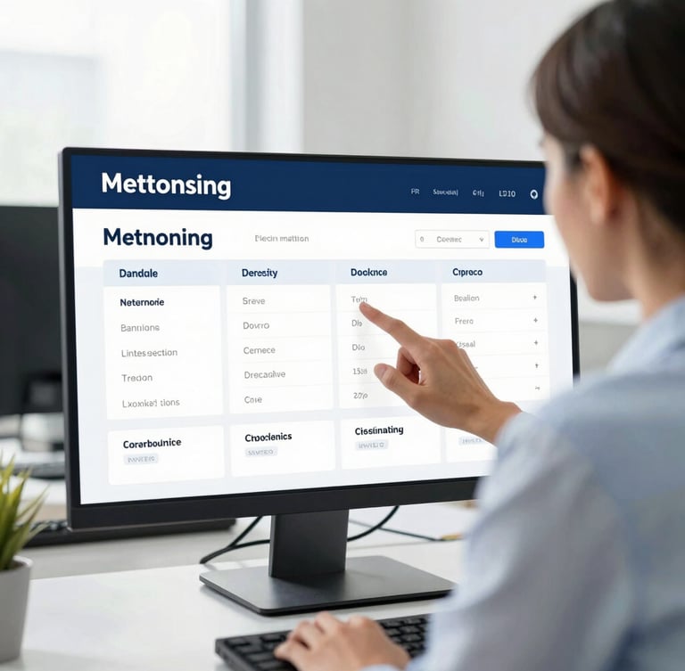 Over-the-shoulder shot of an HR manager analyzing a clean corporate mentoring dashboard on a monitor, bright natural office light, navy and soft blue accents