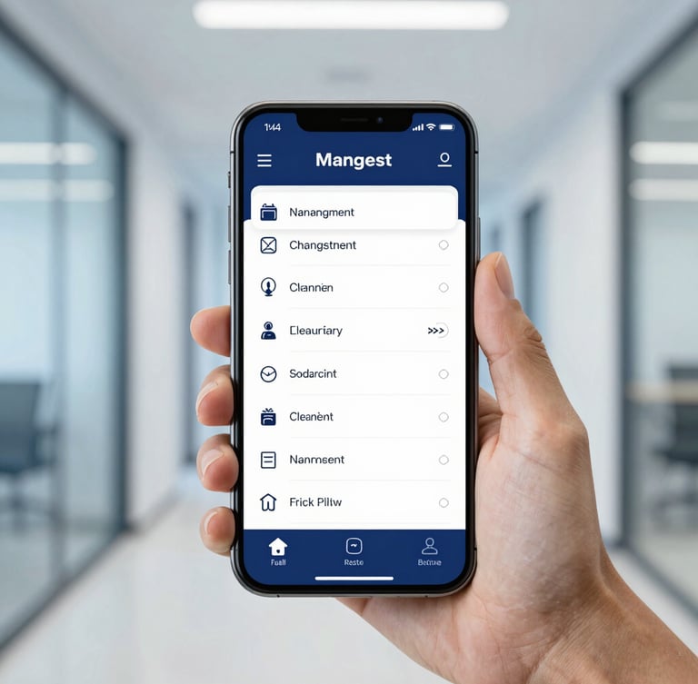 A clean modern smartphone screen displaying a mobile cleaning task management application, held by a professional in a bright corporate hallway, crisp focus, soft blue background.