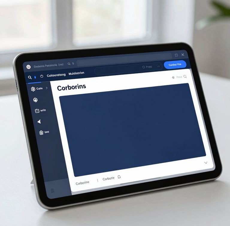 A clean corporate technology mockup showing a modern software interface on a tablet, bright natural office light, navy and soft blue tones, professional editorial style