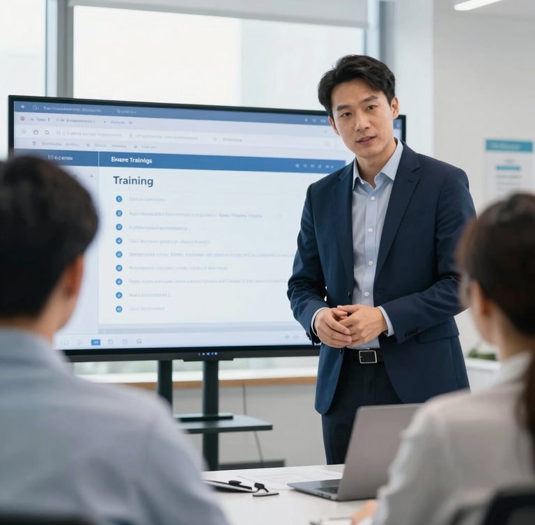 Modern corporate training environment, a professional mentor guiding an employee in front of a clean educational platform interface, natural light