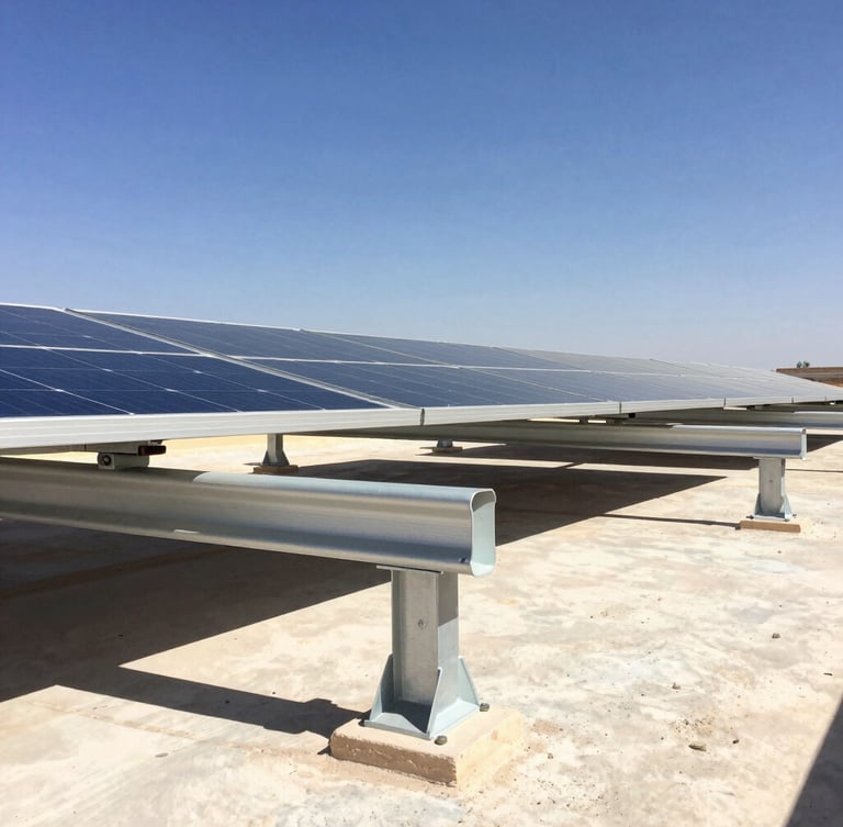 Close-up of high-quality TATA Structura steel mounting frames securing solar panels on a rooftop, harsh desert sunlight casting sharp shadows, clear blue sky.