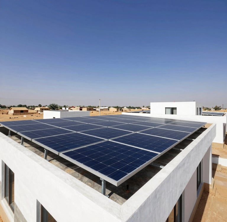 Bright architectural photography of a completed rooftop solar array on a modern home in Rajasthan, harsh desert sunlight, high-contrast deep blue sky, robust steel structures visible beneath panels.