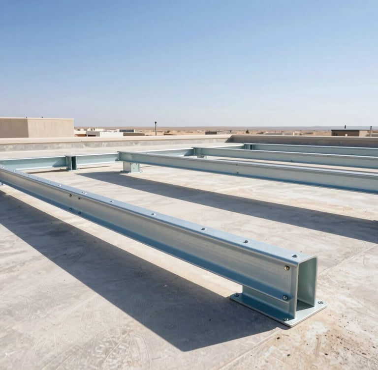 Close-up of heavy-duty TATA Structura steel mounting frames anchored to a concrete roof, bright desert sunlight, clean shadows, showing professional engineering and robust bolts.