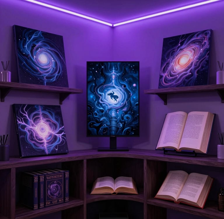 An atmospheric creative studio space in West Valley City with soft purple neon lighting, displaying ethereal digital paintings and fantasy book mockups on dark wooden shelves.