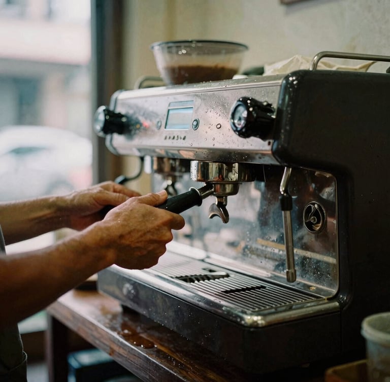 Wide environmental documentary shot of weathered hands operating a manual lever espresso machine in a humid, shadow-filled Bangkok cafe, 35mm grain