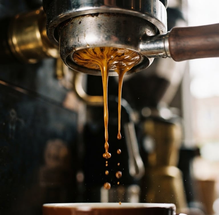 A tight macro shot of a rich espresso extraction dripping from a bottomless portafilter, deep golden crema, humid natural light, high contrast, 35mm film grain.