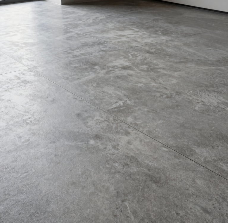 Planos cerrados de líneas de fuga perfectas en un suelo de microcemento gris pulido, luz natural fría entrando lateralmente, composición geométrica.