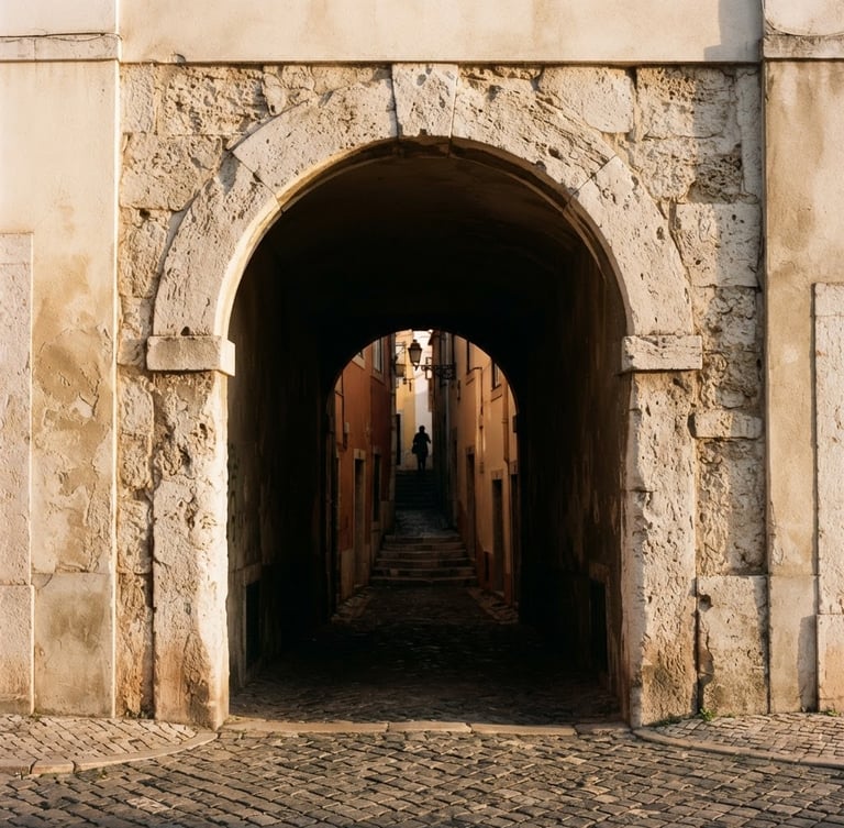 Editorial architectural photography of a minimalist limestone arch in Lisbon, soft golden-hour light, deep shadows, 35mm film