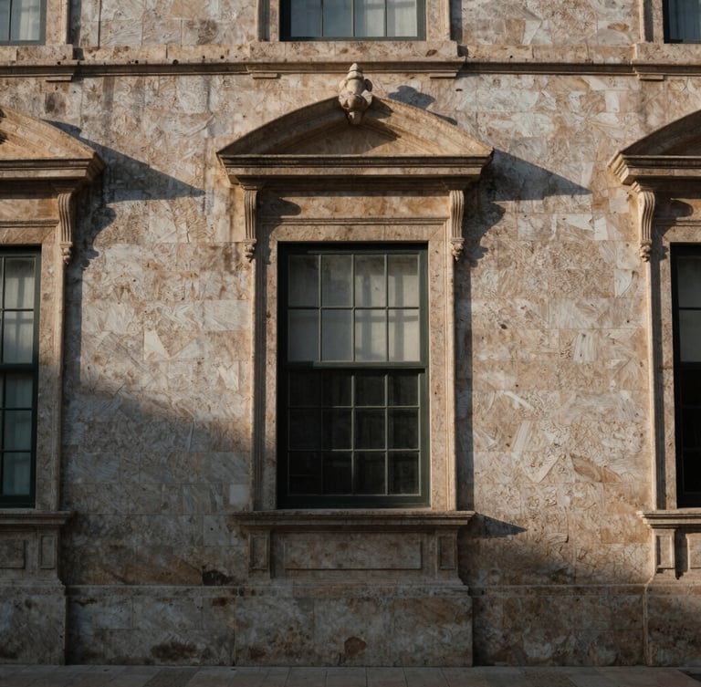 Tight architectural crop of a historic Portuguese building facade, limestone textures, soft overcast daylight, deep quiet shadows