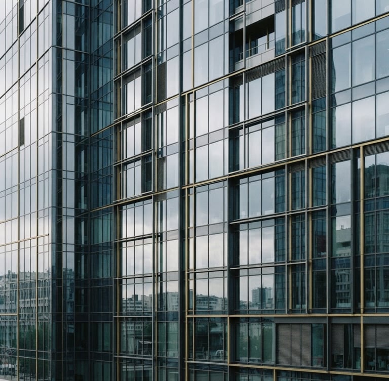 Architectural detail of a modern European business district, clean glass facade reflecting soft overcast daylight, corporate navy tones, 35mm photography