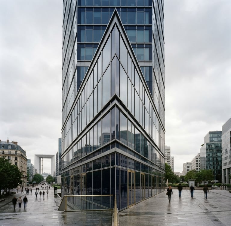 A clean, off-center architectural shot of a modern glass office building corner in Paris, soft diffused overcast daylight, corporate navy tones, 35mm premium photography.