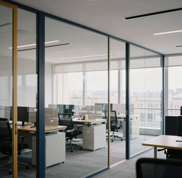 Clean modern office interior in Paris, structured glass partitions, soft diffused natural daylight, minimalist corporate workspace, 35mm editorial photography