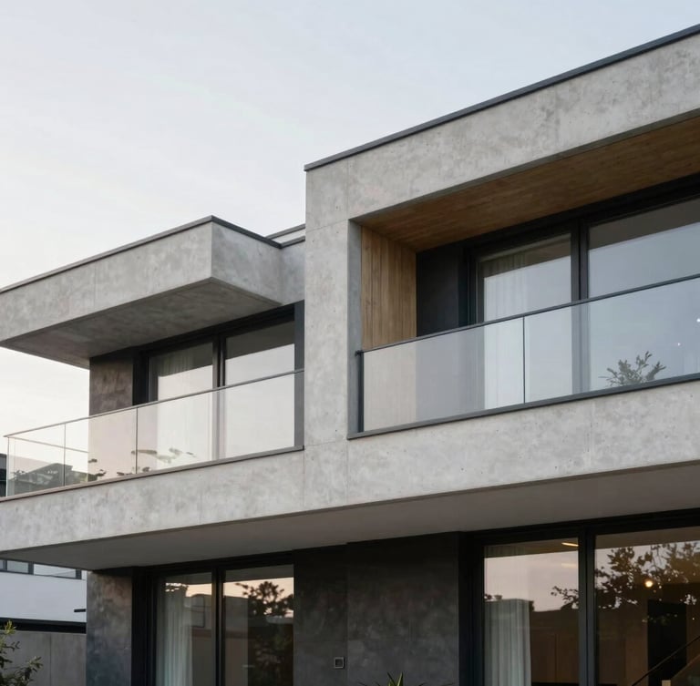 Modern architectural details of a minimalist European villa, clean lines, concrete and glass, soft overcast daylight, 35mm
