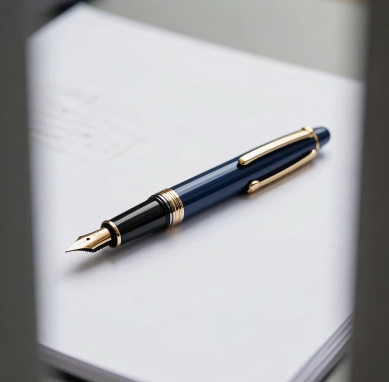 Close-up of a high-end fountain pen resting on a crisp white document, soft overcast daylight, corporate navy and gold tones, architectural framing, 35mm