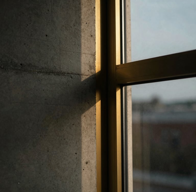 Close-up architectural crop of raw board-formed concrete meeting a brushed brass window frame, moody overcast daylight, shallow depth of field, rich desaturated tones.