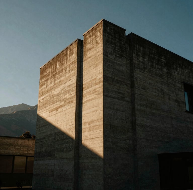A tall portrait crop of Villa Noire's concrete cantilevered corner, dramatic low-angle sunlight casting sharp diagonal shadows, mountains in the soft background.