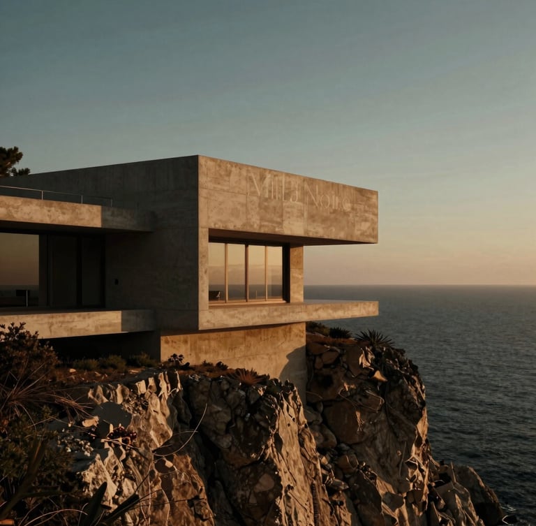 Cinematic architectural render of Villa Noire, a concrete cliffside villa overlooking the Mediterranean at golden hour, deep shadows