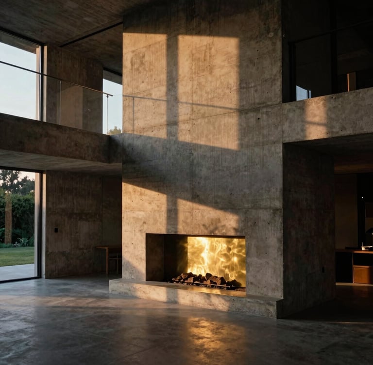 Wide cinematic architectural crop of a brutalist concrete villa interior at golden hour, deep dramatic shadows, warm light reflecting off a brushed brass fireplace, medium format film look, highly detailed textures.