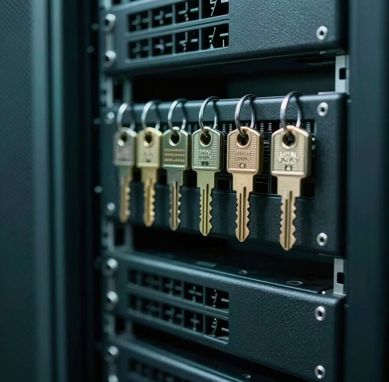 Close-up of secure hardware keys and server racks in a Lagos financial facility, cool-toned lighting, sharp focus, editorial photography.