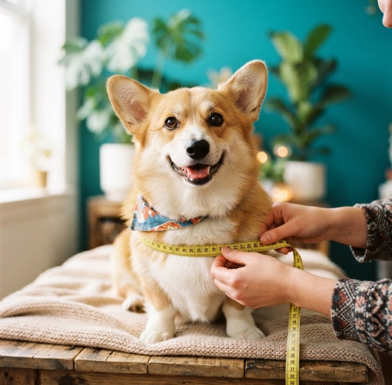 Un corgi siendo medido con una cinta métrica,