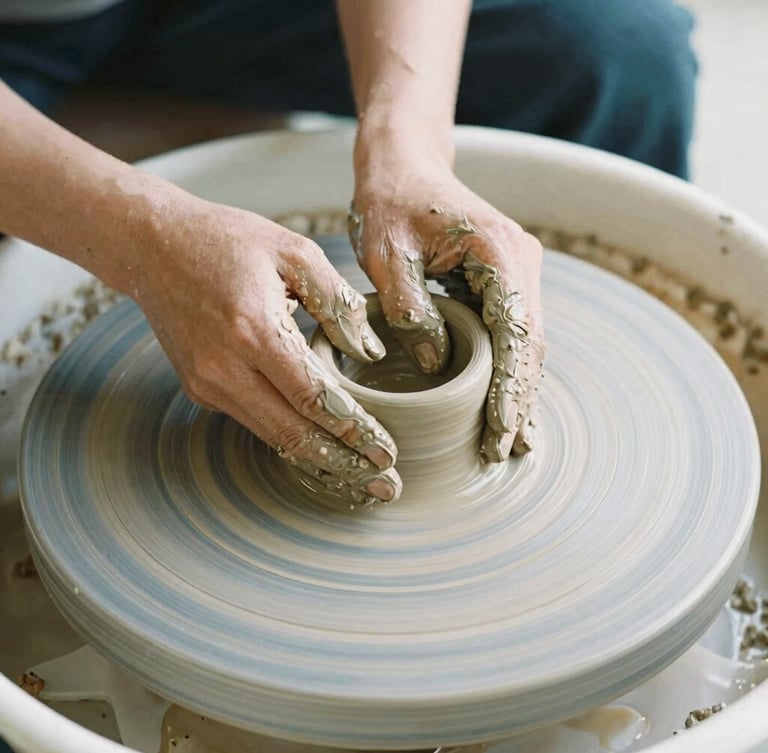Close-up of artist Chiho's hands molding wet clay on a pottery wheel, soft natural light, rich organic textures, shallow depth of field, 35mm