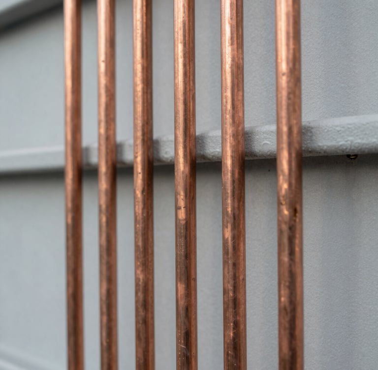 Macro shot of perfectly aligned clean copper pipes on a light gray industrial wall, bright neutral daylight, technical precision.