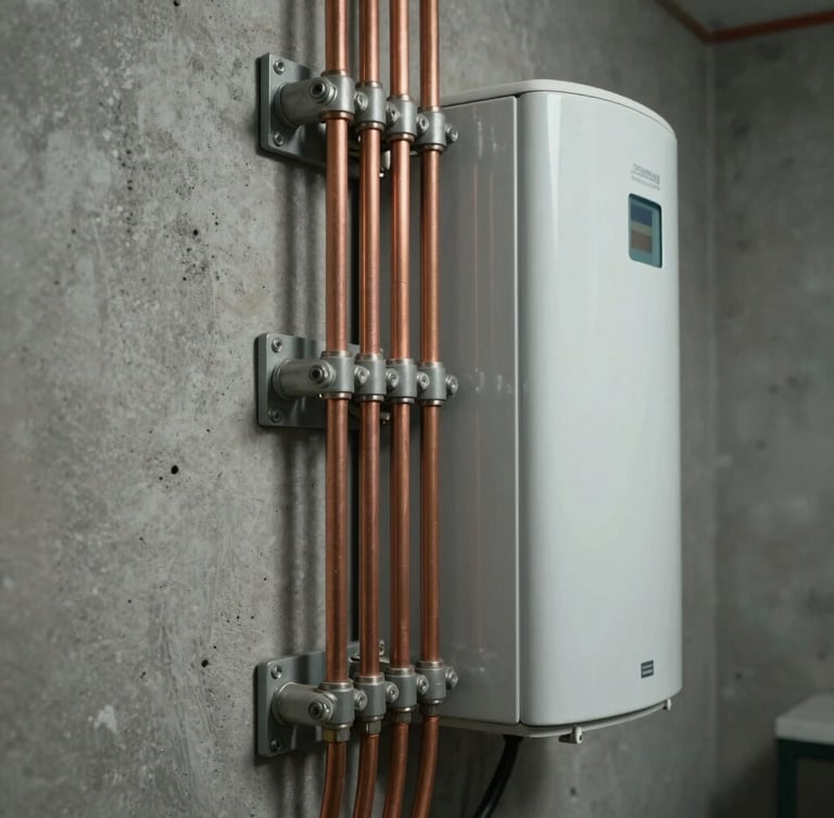Vue de profil d'un chauffe-eau électrique moderne installé verticalement, tuyauteries en cuivre parfaitement alignées et polies, fixations industrielles nettes sur mur gris béton, éclairage blanc précis et technique.