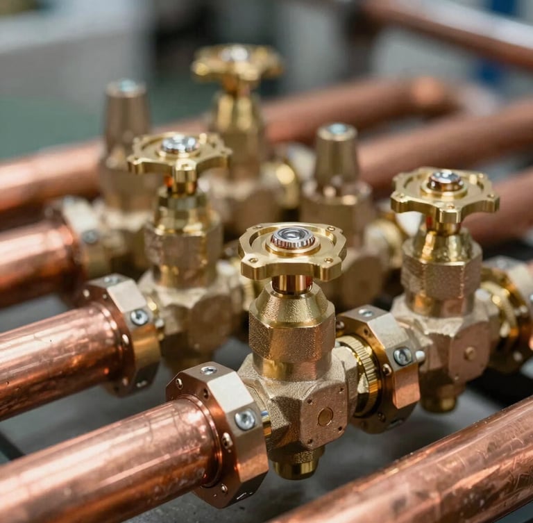 Macro shot of perfectly aligned copper pipes and modern brass valves, clean industrial lighting, technical precision.