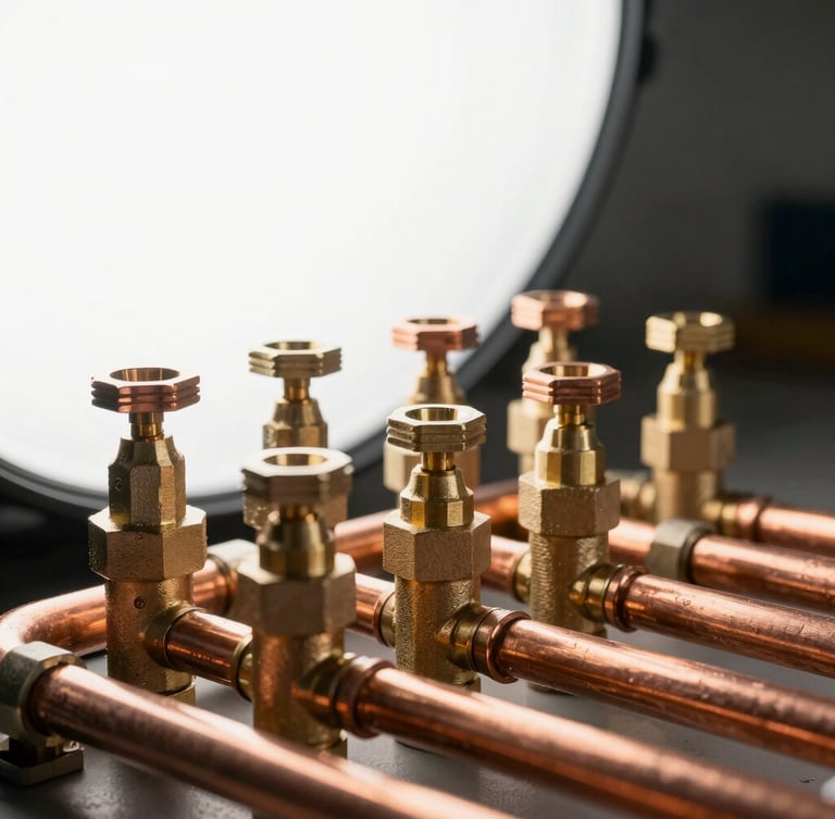 Macro shot of perfectly aligned copper pipes and brass valves, bright clean white work light, technical precision