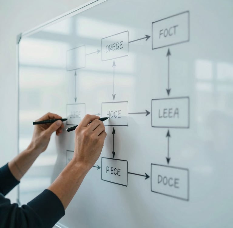 Close-up of hands drawing a complex process flow diagram on a large whiteboard, showcasing structured planning and problem-solving, cool natural daylight.