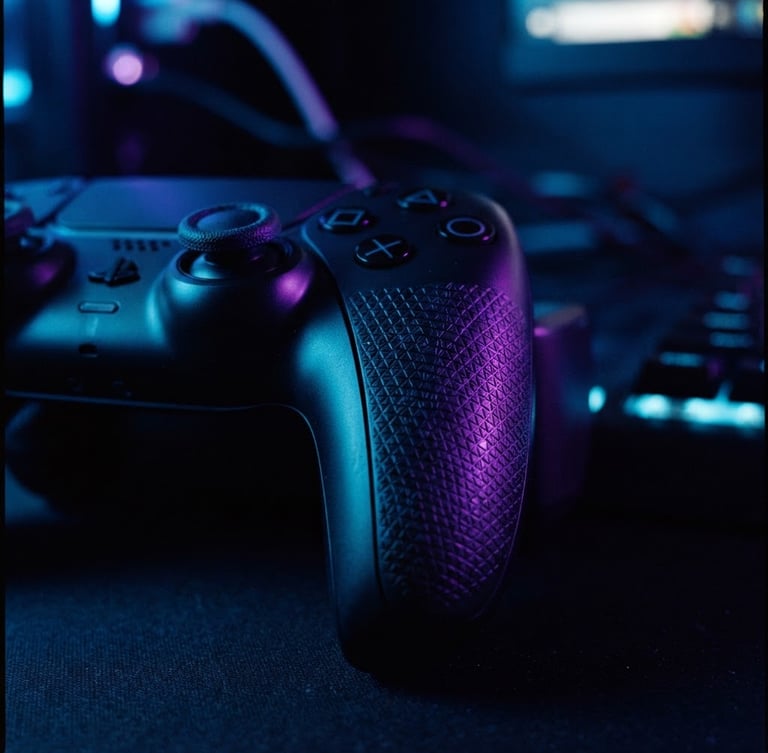 Sleek PlayStation 5 controller illuminated by vibrant neon blue and purple ambient light, macro shot of the dualsense grips, dark moody background, cinematic 35mm