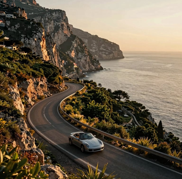 A winding coastal road overlooking the Mediterranean Sea, with a convertible car (Speedy) driving along it, golden hour light, lush landscape on one side, dramatic cliffs on the other, wide-angle.