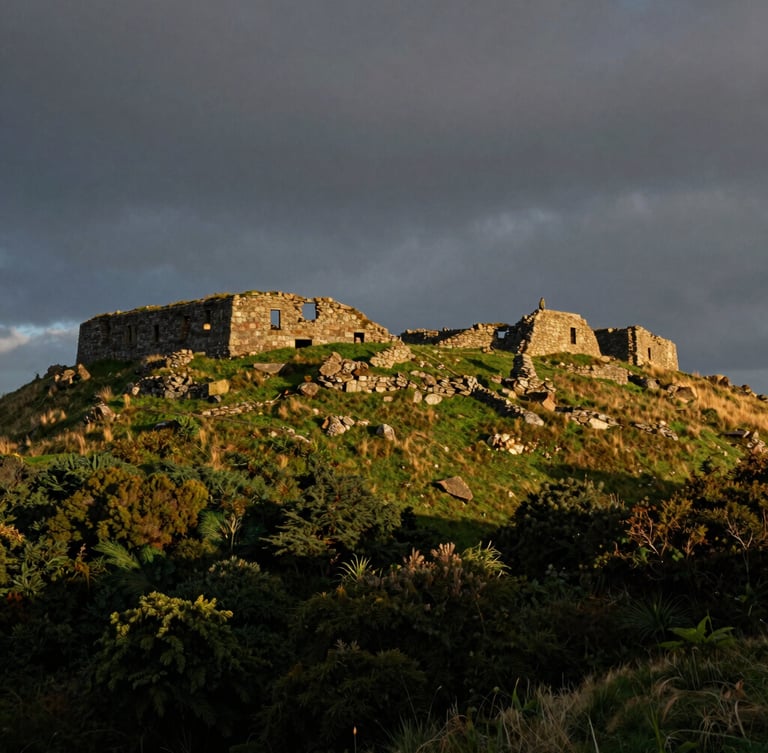 Dramatic wide shot of a rugged, ancient Roman fort ruin on a windswept hill in Northumberland, under a brooding sky, with a single figure standing small against the vast landscape, high contrast, natural shadows.