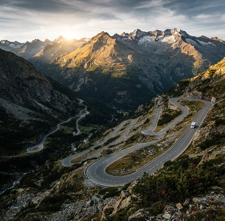 Wide-angle view of a winding mountain road with multiple hairpins, possibly Stelvio or Furka Pass, under dramatic dawn light with deep shadows, a small campervan visible in the distance, emphasizing immense scale.