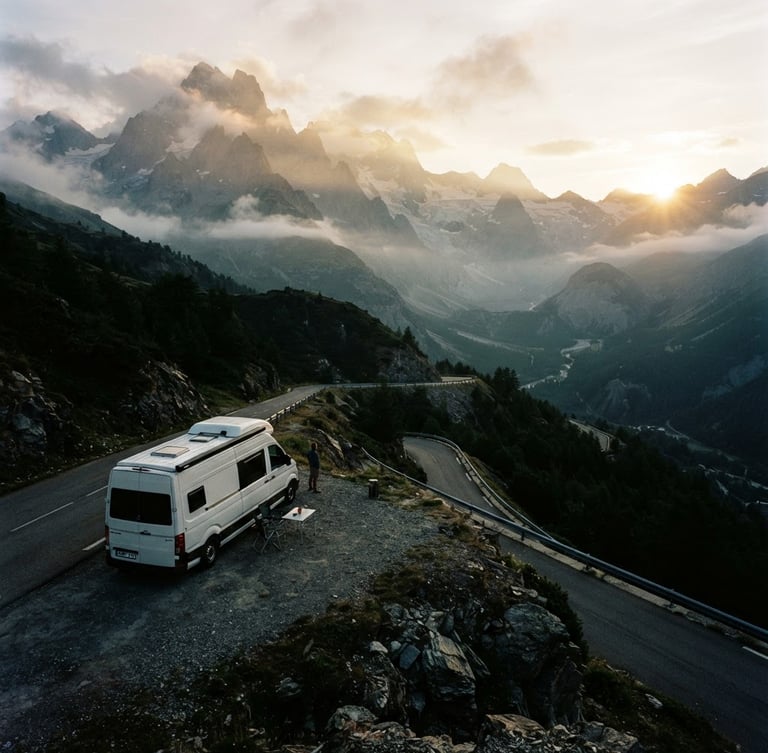 Wide panoramic shot of Spartacus, the white Volkswagen Crafter campervan, parked on a winding mountain road at dawn, surrounded by immense, mist-shrouded peaks in the Alps, vehicles small against the landscape, dramatic high-contrast light, 35mm film grain, cinematic.
