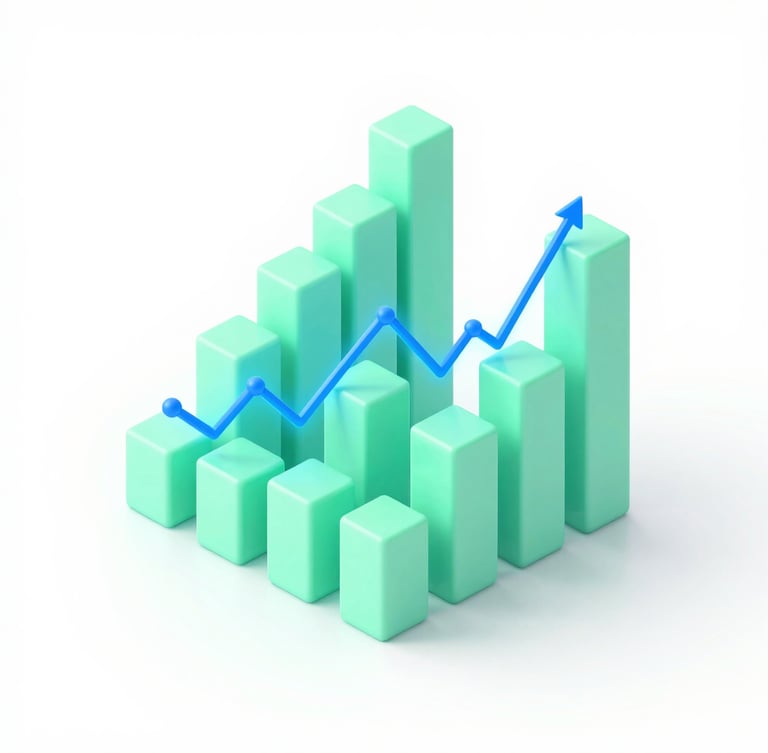 Isometric 3D render of a modular data visualization chart with glowing mint green bars and electric blue trend lines, clean white background, sharp focus