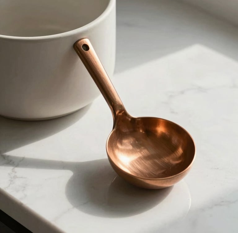 Close-up of a matte ceramic and brushed copper kitchen tool resting on a white marble countertop, soft morning light casting long shadows, architectural composition.