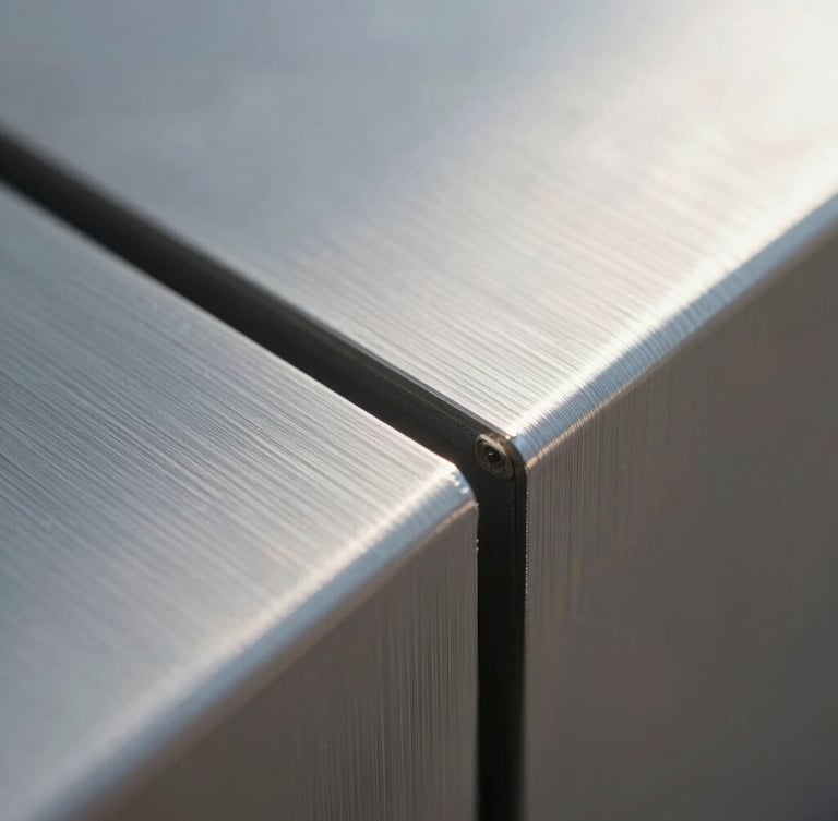 Macro photograph of a milled aluminum seam under soft morning light, showing precise physical-digital harmony and architectural lines.