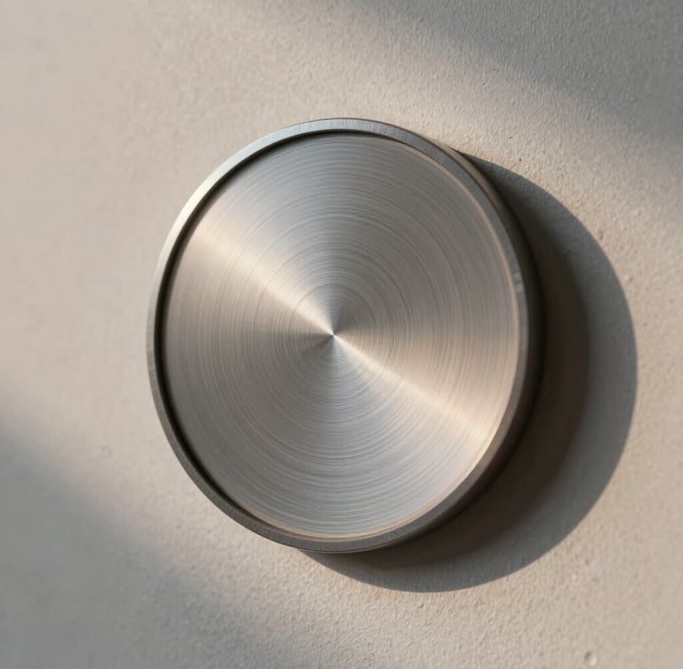 A tight macro crop of a circular milled aluminum sensor mounted perfectly flush into a raw plaster wall, soft early morning shadows casting a gentle gradient across the metallic texture.