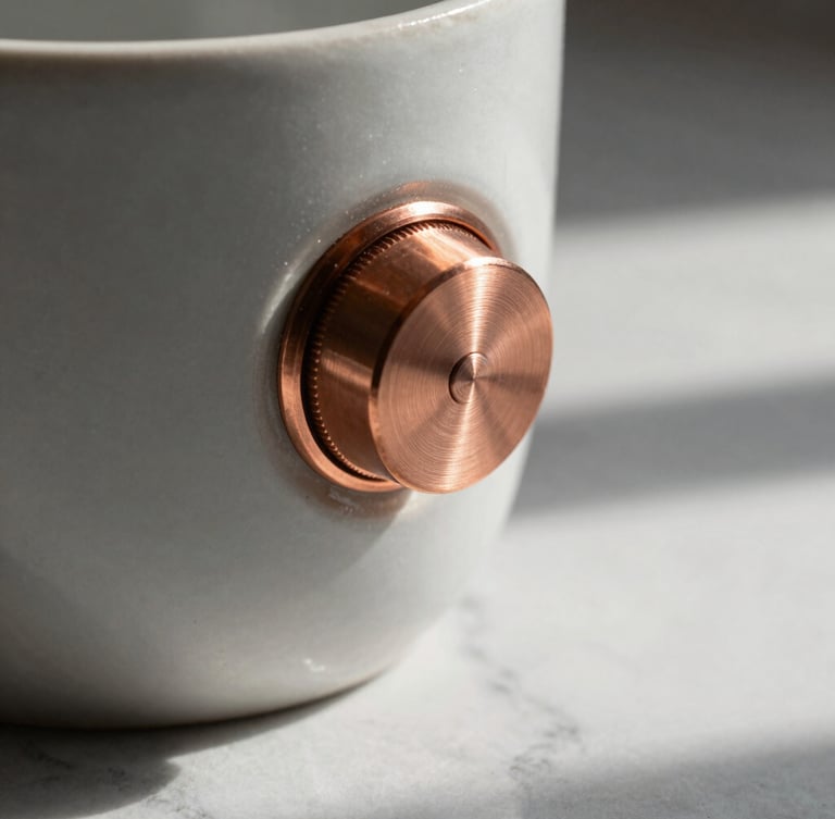 A close-up macro photograph of a brushed-copper weighted dial on a matte ceramic vessel, soft morning light casting long shadows across a clean marble countertop.