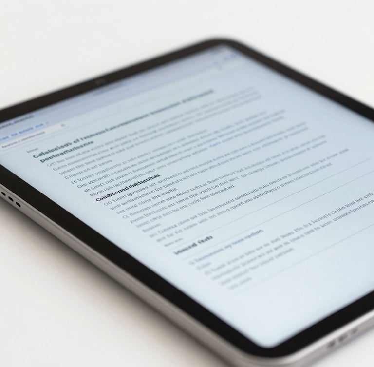 Macro shot of a modern tablet screen displaying structured legal document text, clean workspace background, bright neutral daylight, corporate blue tones, sharp focus, 35mm