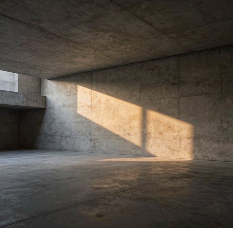 Wide architectural shot of a minimalist concrete gallery space, a subtle golden projection mapped onto the raw concrete wall, low-key dramatic lighting, sharp shadows.