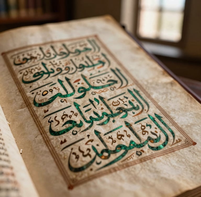 Macro photographic close-up of a medieval Andalusian manuscript with intricate Arabic calligraphy on textured parchment, illuminated by soft warm library window light, shallow depth of field.
