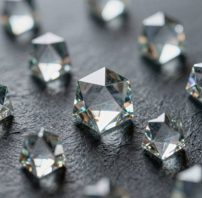 Stark close-up of geometric glass nodes refracting light, sharp focus, cool slate and white tones