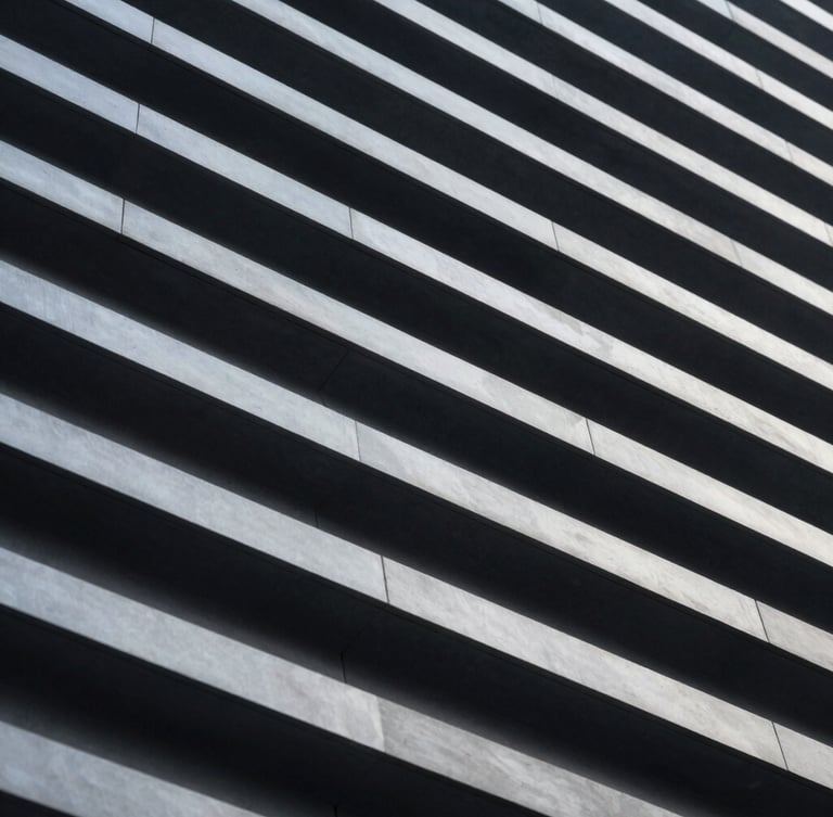 High-contrast macro photograph of a clean, geometric architectural structure with repeating linear patterns, cool-toned lighting, deep slate shadows.