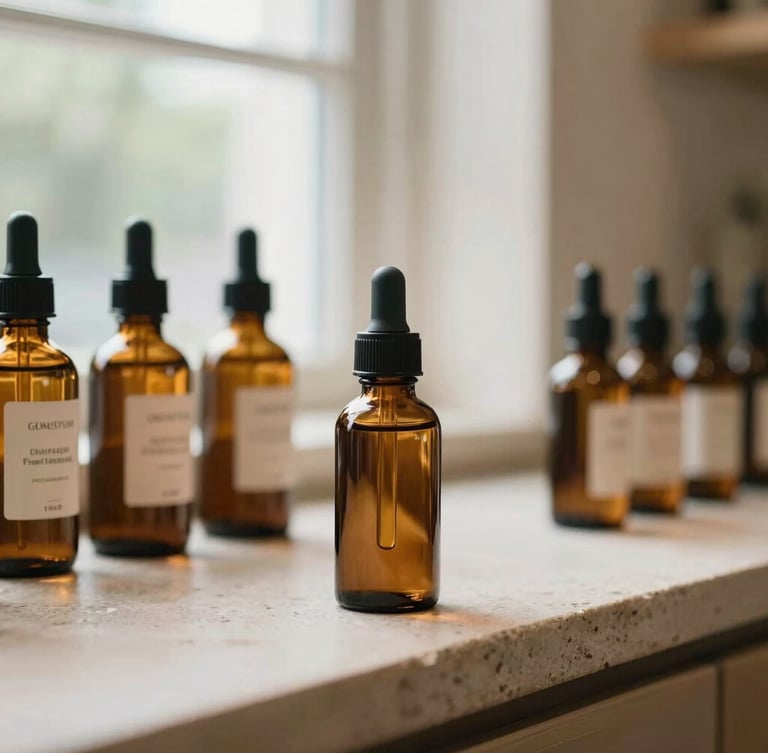 Warm editorial photography, soft natural window light, close-up of amber glass tincture bottles on a raw stone counter in a sunlit Georgetown boutique, shallow depth of field, 35mm