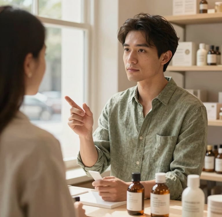 A thoughtful interaction between a wellness expert in a sage linen shirt and a customer, discussing a product in a sunlit boutique corner, warm natural light.