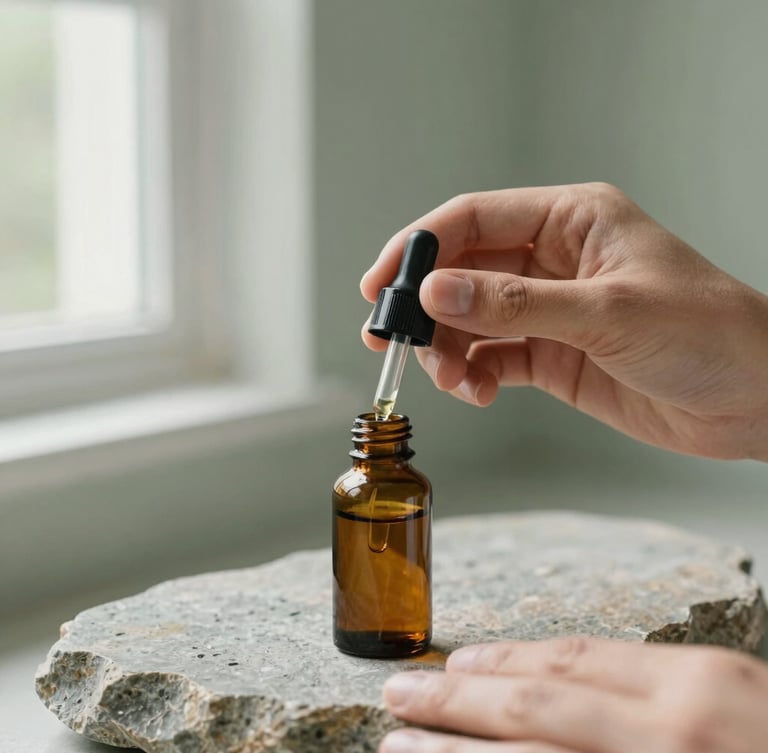 A close-up of hands placing an amber glass dropper bottle onto a raw grey stone surface, soft natural window light, muted sage green background, shallow depth of field