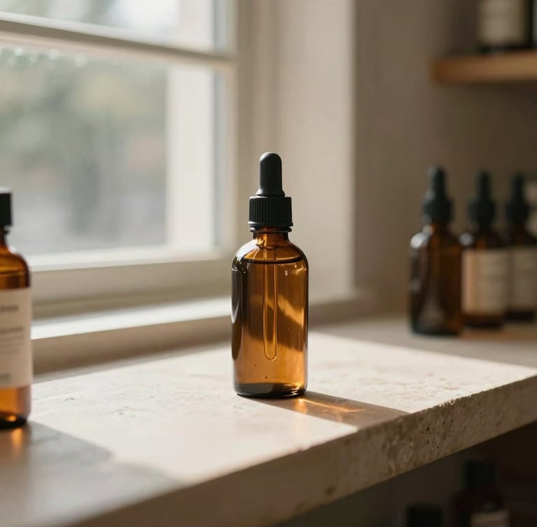 Warm editorial portrait photography of amber glass tincture bottles on a sunlit stone counter in a Georgetown boutique, soft morning window light, shallow depth of field, 35mm.
