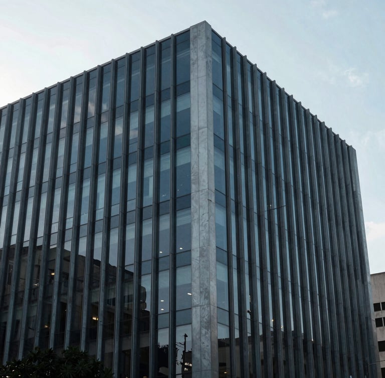 Wide architectural angle of a modern minimalist corporate building facade in São Paulo, steel and glass panels, cool diffused morning light, editorial corporate photography style